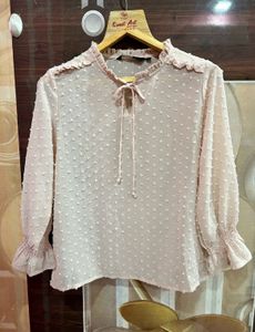 Sheer Swiss Dot Tie Neck Blouse