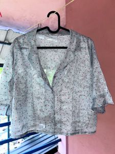 Light Blue Heart Print Button-Up Shirt