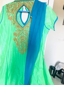 Mint Green &amp; Blue Embroidered Ethnic Gown/anarkali