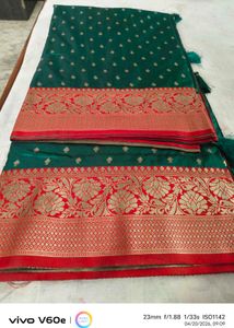 Elegant Green Saree with Red &amp; Gold Border