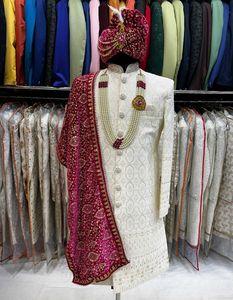 Elegant White Sherwani with Maroon Dupatta