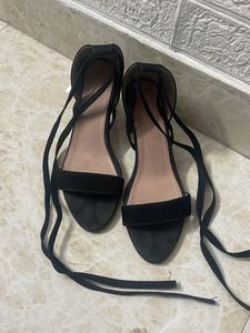 Black Lace-Up Flat Sandals
