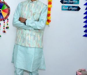 Men's Light Blue Kurta with Nehru Jacket