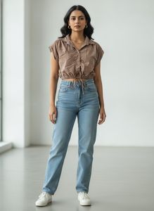 Brown Cropped Button-Up Shirt