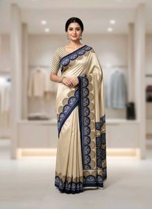 Elegant Cream and Navy Saree with Blouse