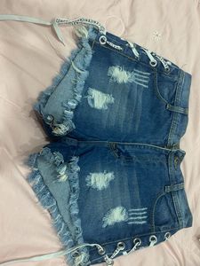 Distressed Denim Lace-Up Shorts