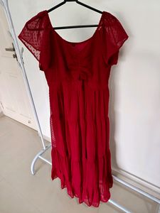 Elegant Red Swiss Dot Midi Dress
