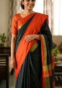 NewElegantCottonSilkSaree-Orange&amp;Blck-Extra