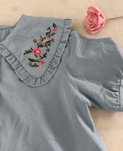 SHEIN Baby Blue Embroidered Peter Pan Collar Blous