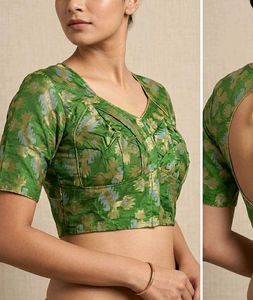 Green Brocade Blouse with Floral Motifs
