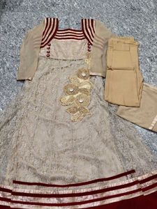 Elegant Beige &amp; Maroon Anarkali