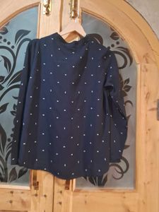 Elegant Navy Blue Tie-Neck Blouse