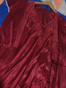 Elegant Red Satin Robe Nighty dress