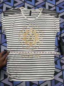 Chic Striped Top with Embellished Flower