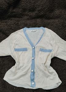 y2k cute White Knit Top with Blue Trim