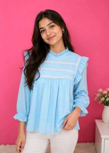 Sky Blue Swiss Dot Ruffle Neck Top