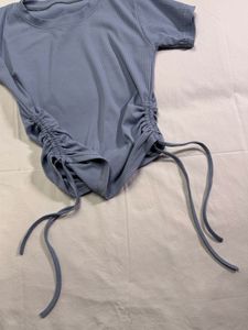 Blue Ribbed Drawstring Top