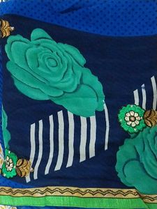 Blue Saree with Green Floral Print