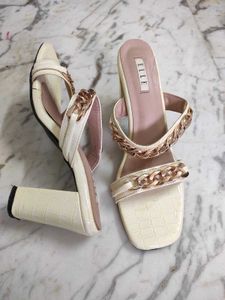 Stylish Cream Chain Detail Block Heels