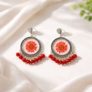 Boho Handmade Red Flower Chandelier Earrings