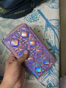Holographic Quilted Zip Around Wallet