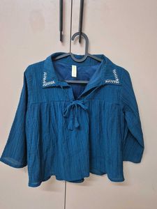 Teal Embellished Tie-Neck Top
