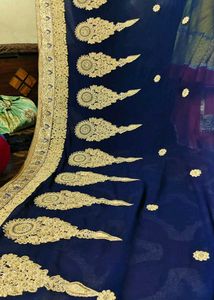 Embroidered Royal Blue &amp; Cream Saree