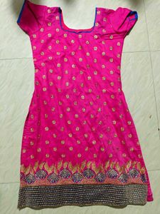 Pink Embroidered Kurta/ Churidar Top + shawl
