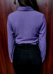Purple Textured Button-Up Shirt with Side Tie Deta