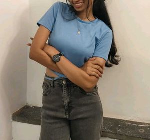 Chic Blue Crop Top with Wrap Detail