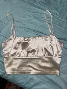 Cream Satin Ruched Crop Top