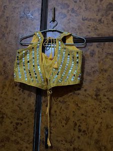 Yellow Mustard mirrorwork backless blouse