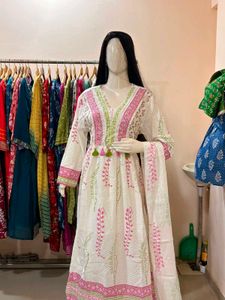 White Kurta Set with Pink &amp; Green Print