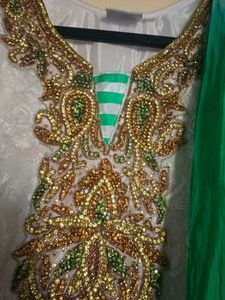 Elegant White &amp; Green Embroidered Salwar Kameez