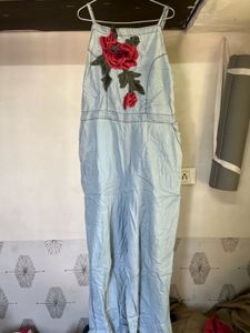 Denim Overalls with Floral Detail
