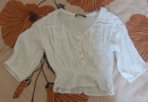 White Puff Sleeve Smocked Blouse