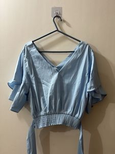 Light Blue Flutter Sleeve Crop Top with Tie