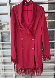 Maroon Double-Breasted Blazer with Fringe