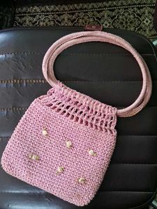 Pink Crochet Handbag with Flower Detail