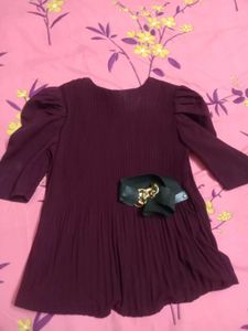 Elegant Wine Purple Pleated Puff Sleeve Dress with