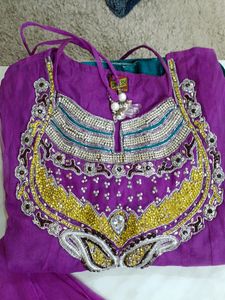 Net Fabric Purple Wedding 3 Piece Long Frock