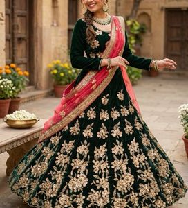 Green Velvet Lehenga Choli Set