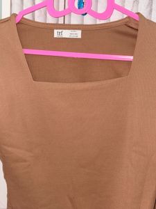 Brown Square Neck Long Sleeve Top