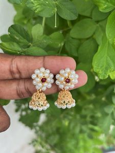 Elegant Pearl &amp; Ruby Jhumka Earrings