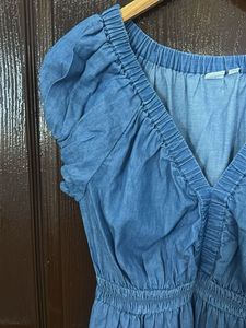 GAP Denim V-Neck Smocked Waist Midi Dress
