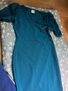 Teal Puff Sleeve Midi Dress