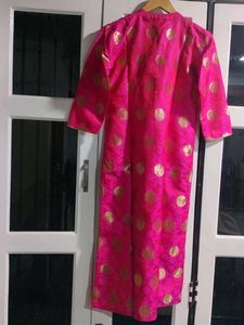 Vibrant Pink Silk Kurta with Gold Polka Dots