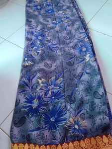 Blue Printed Saree With Unstitched Blouse