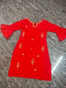 Red Embroidered Kurta with Bell Sleeves