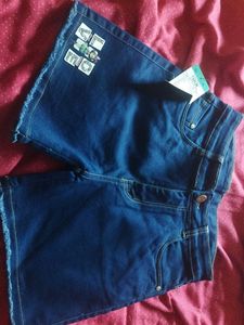 Blue Denim Shorts with Frayed Hem